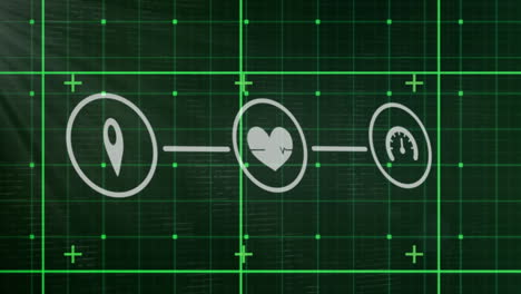 animación de una red de iconos digitales sobre una red de cuadrícula contra un punto de luz sobre un fondo verde.