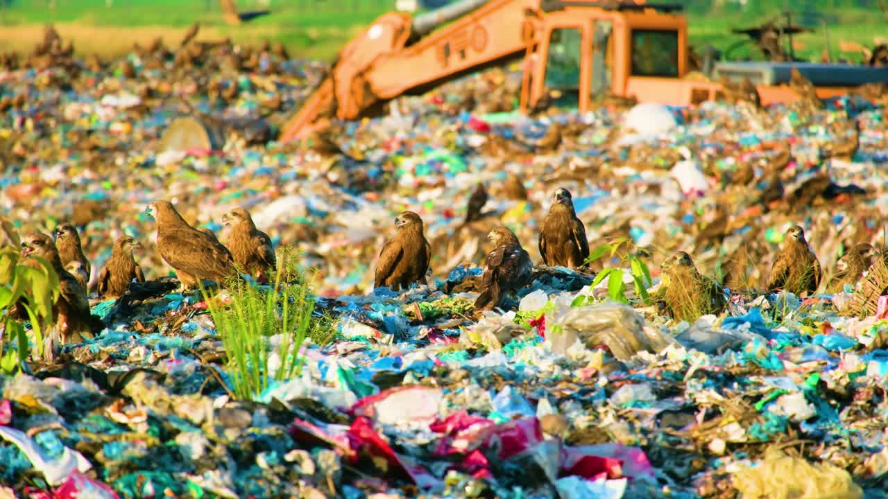 bandada de pájaros carroñeros cazando y volando alrededor de la pila de basura del vertedero