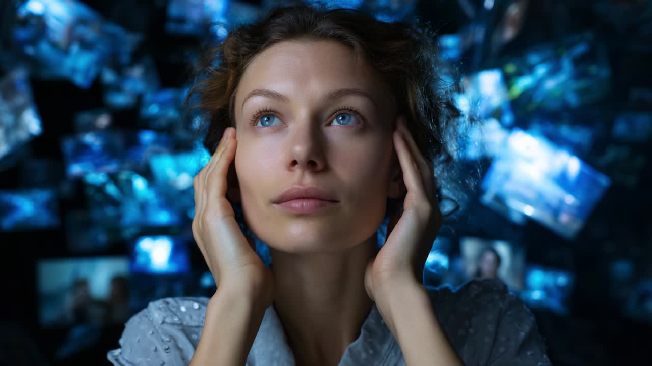 A pensive woman contemplating amidst a cascade of vivid imagery, representing the overload of information in a digital age, where technology and emotion blend into a complex tapestry of visual influence