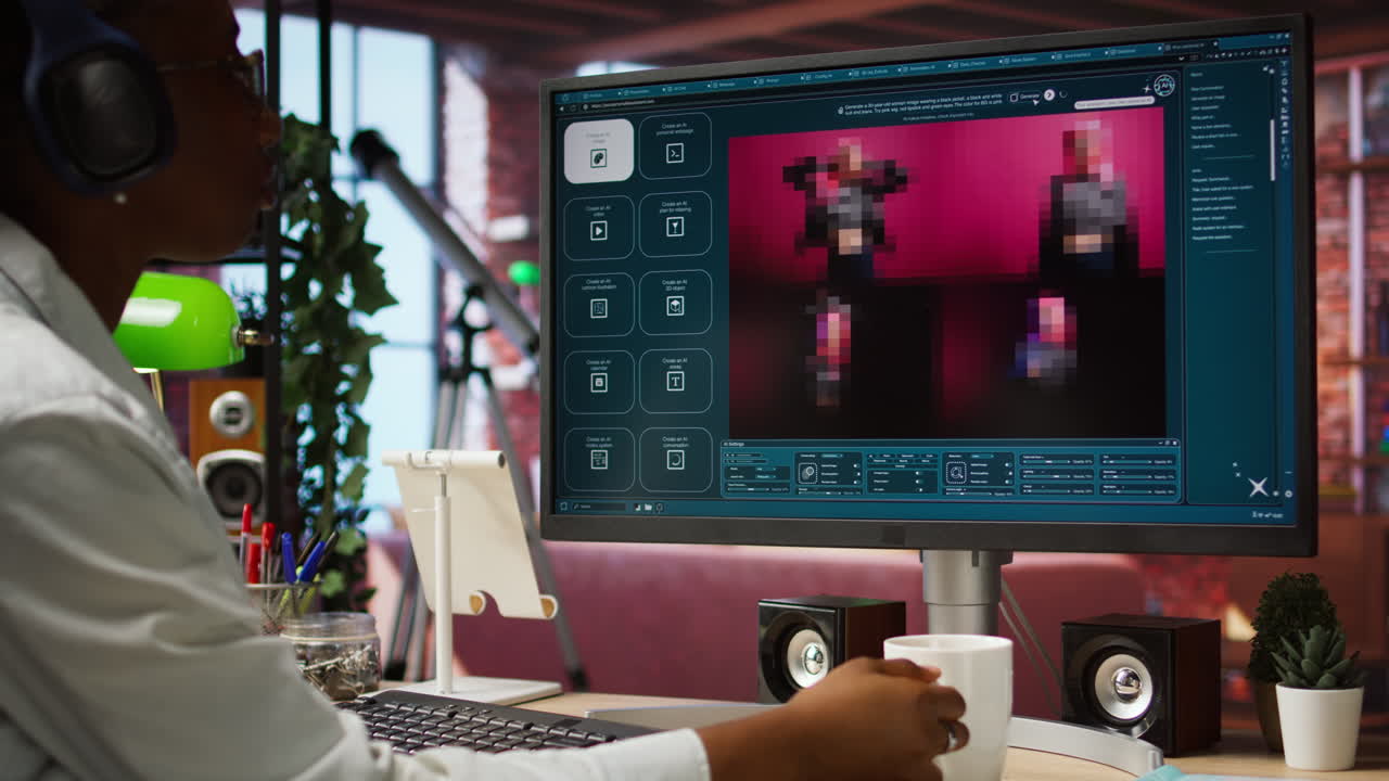 Woman using text to image app, drinking coffee, listening music