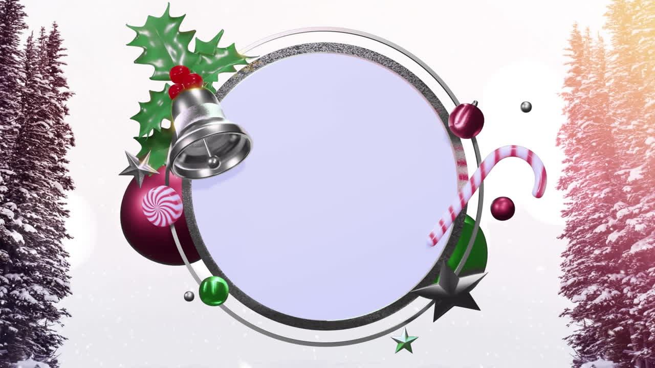animación de decoraciones navideñas alrededor de un letrero circular blanco en blanco sobre nieve y árboles.
