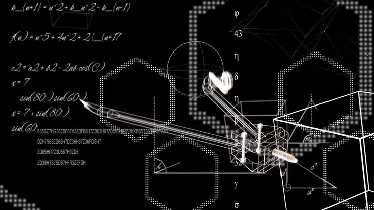 Animation of compass icon over mathematical equations on black background