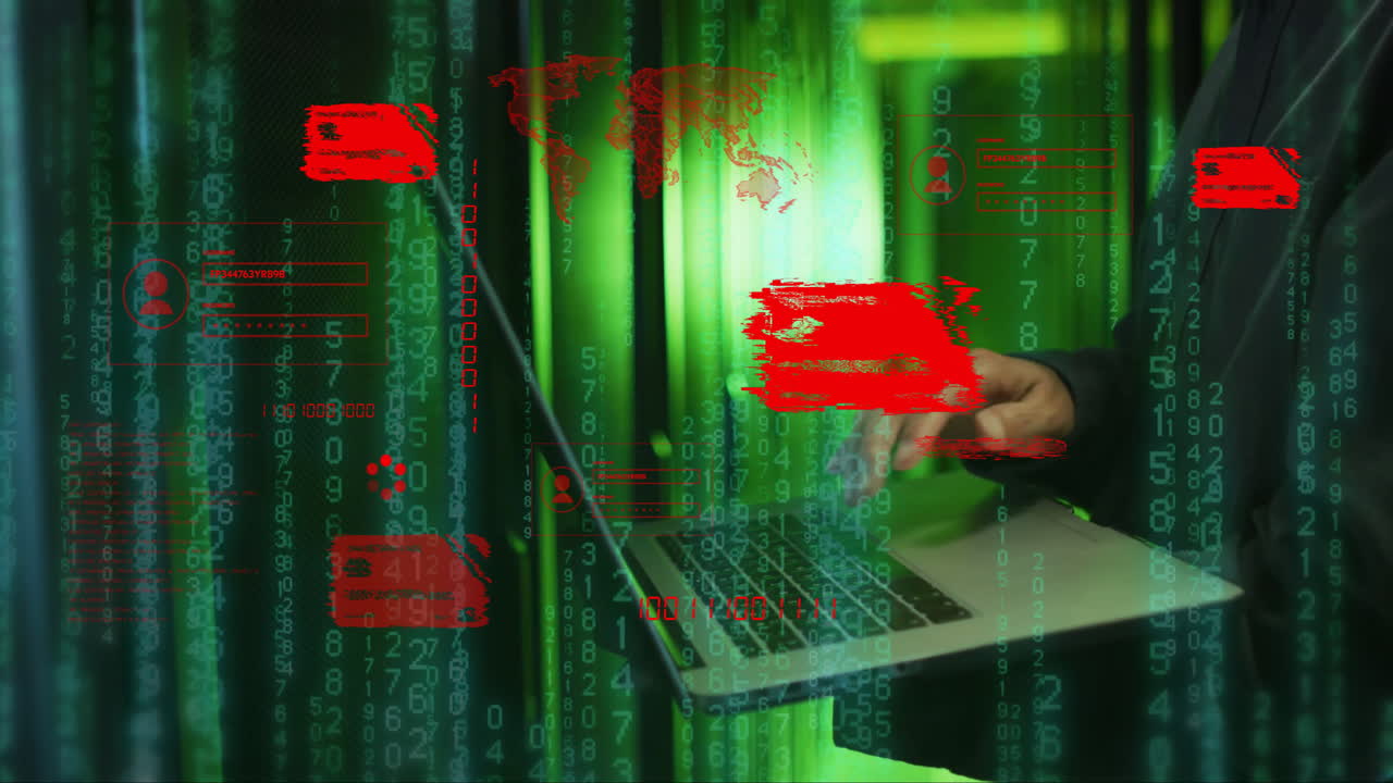 animación de tarjetas de crédito y procesamiento de datos sobre el hombre utilizando computadoras portátiles y servidores de computadora
