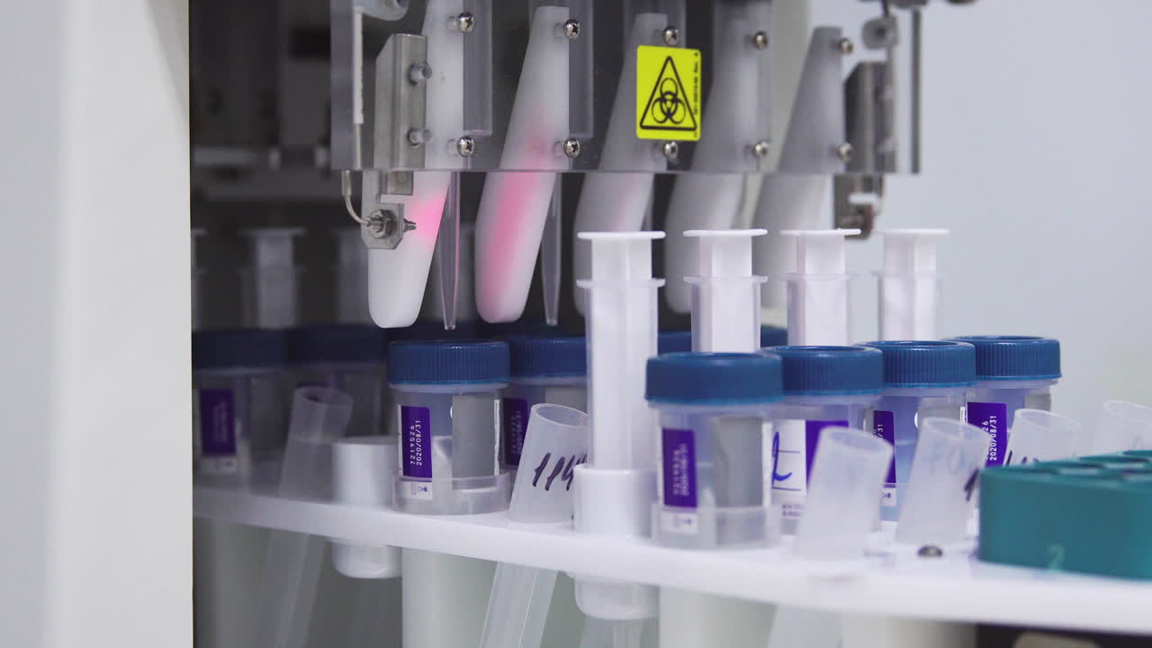 Close-up in the medical laboratory, the robot pierces a jar of liquid with a needle and pours it into a tube for further analysis by the doctor