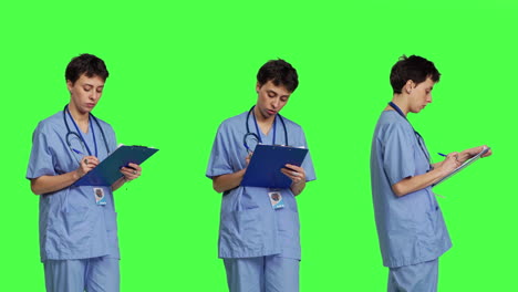 asistente médico escribiendo información de chequeo en archivos de clipboard