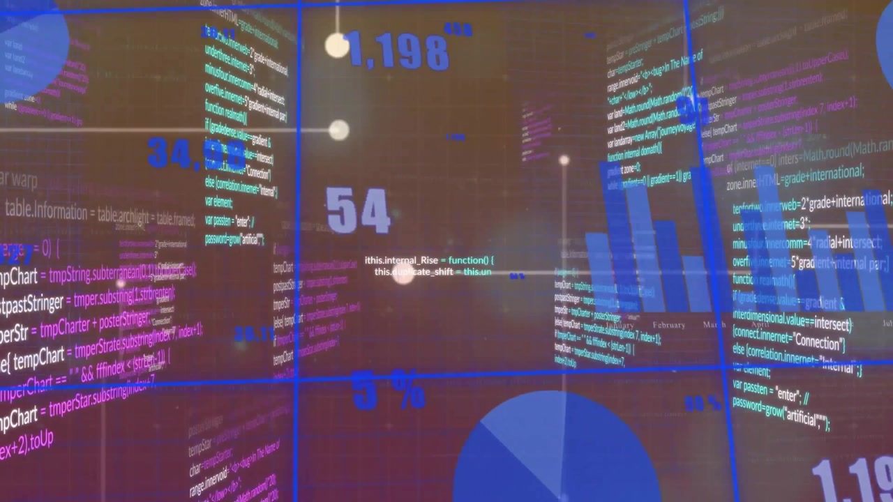 Animation of financial data processing on blurred background