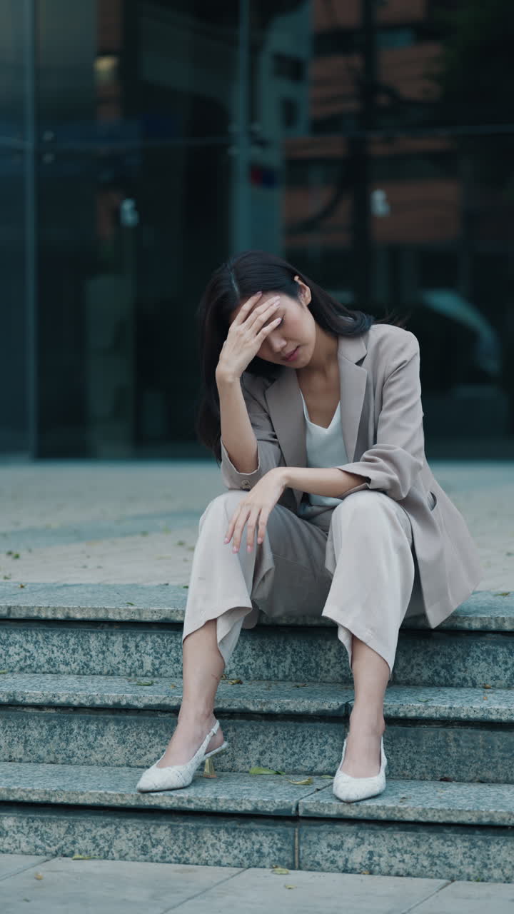 Stressed Businesswoman Sitting on Stairs