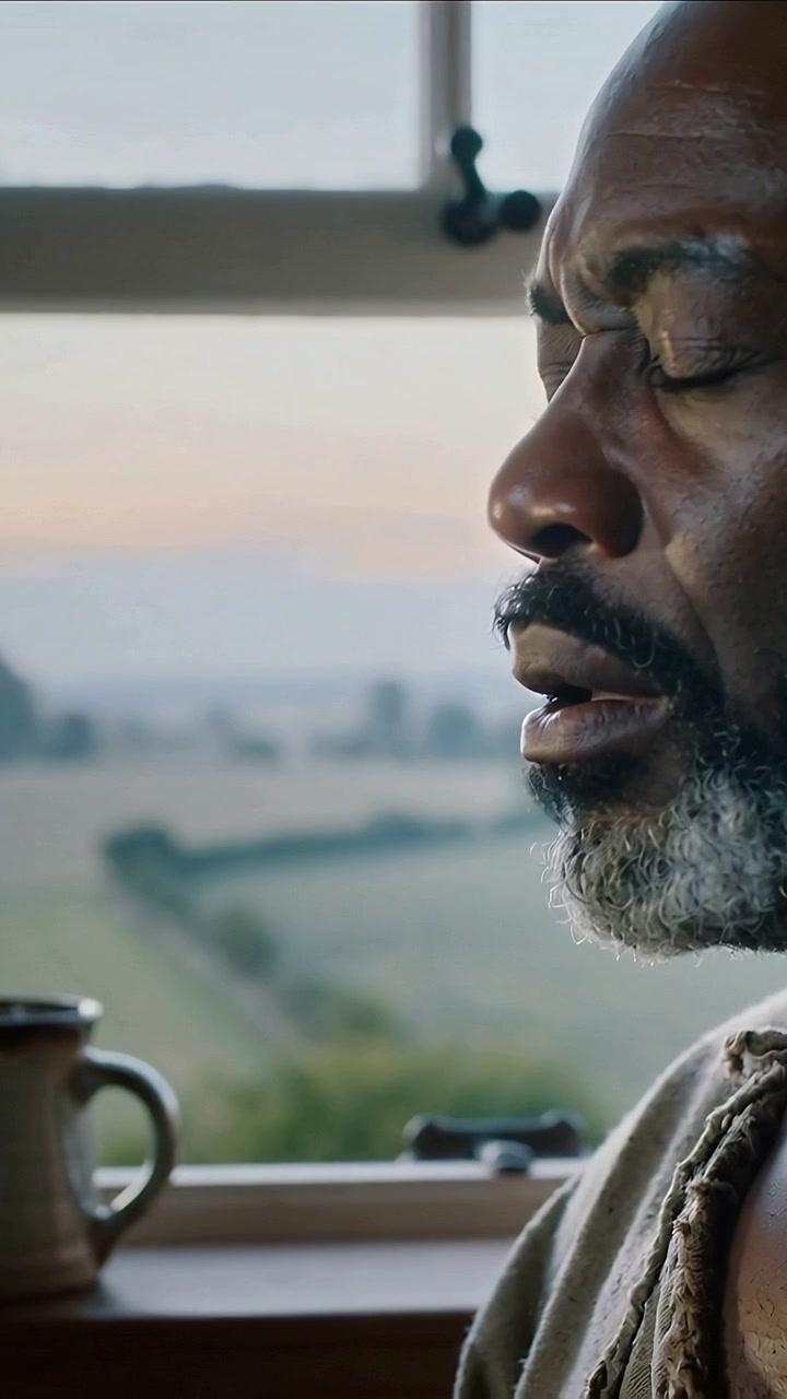 Vertical video: Reacting to dawn, man in knit breathing, calming at window, mug on sill, copy space
