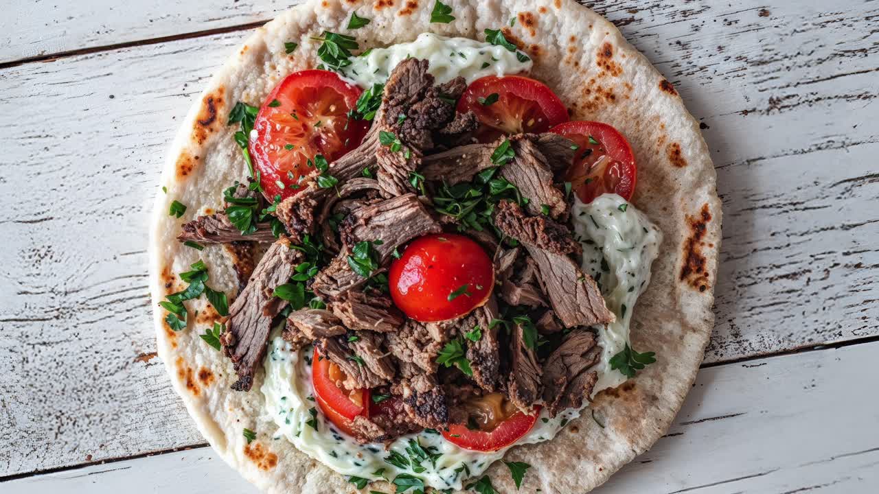 deliciosa pita giroscópica con salsa tzatziki y tomates