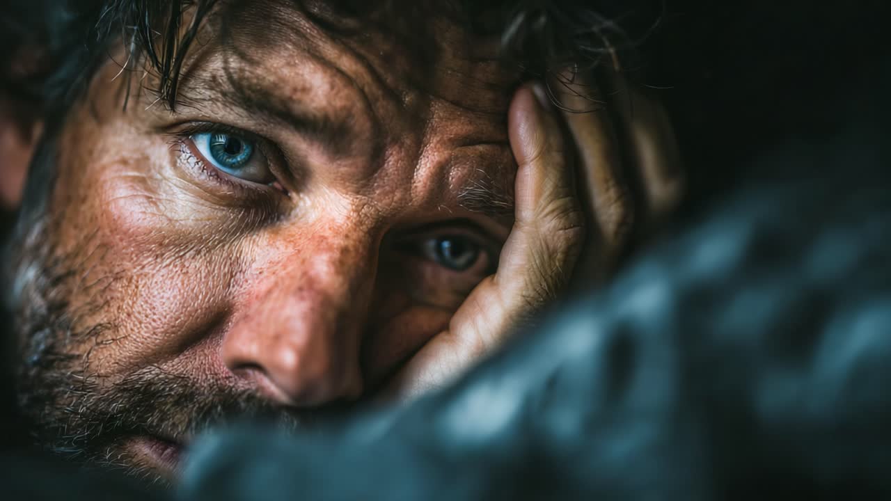 An Introspective Moment: The Struggles and Sorrows Reflected in a Man's Soulful Eyes, Capturing the Depths of Human Emotion Amidst Dark Times