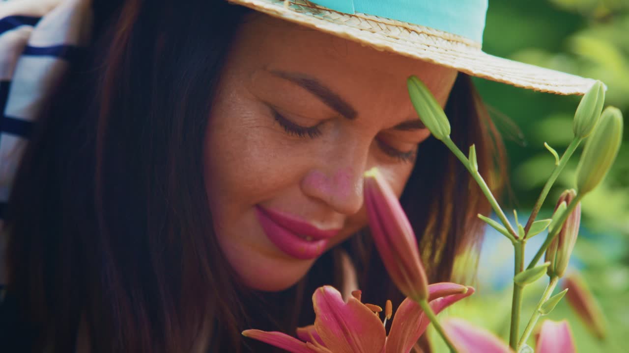 Woman with long dark hair wearing straw hat enjoys fragrant flowers in a vibrant garden setting