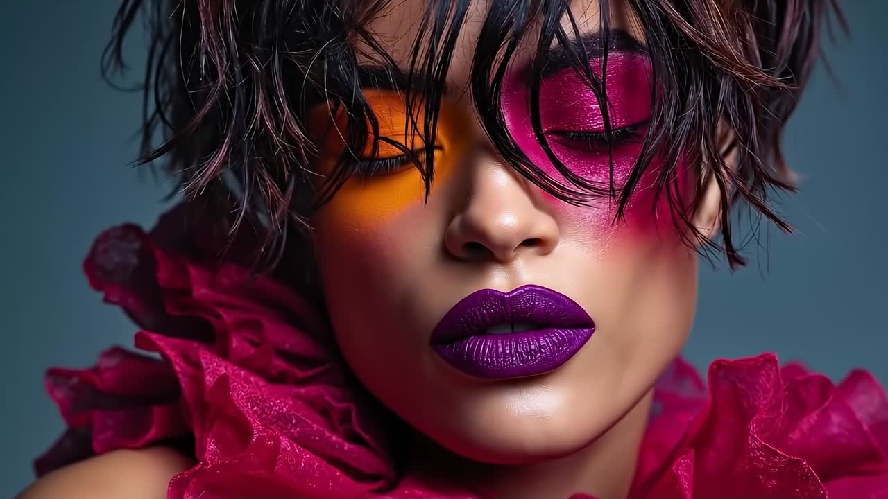 A woman with bright makeup and purple lipstick