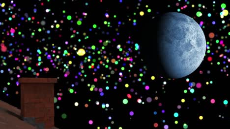 animación de paisaje navideño de invierno con chimenea, manchas brillantes cayendo y luna