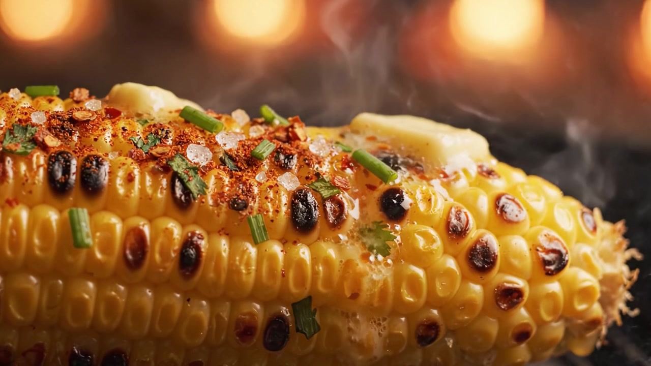 バター、スパイス、新鮮なチャイブをトッピングし、完璧に焦げ目のついた美味しい焼きとうもろこし。夏のバーベキュー体験に最適です。