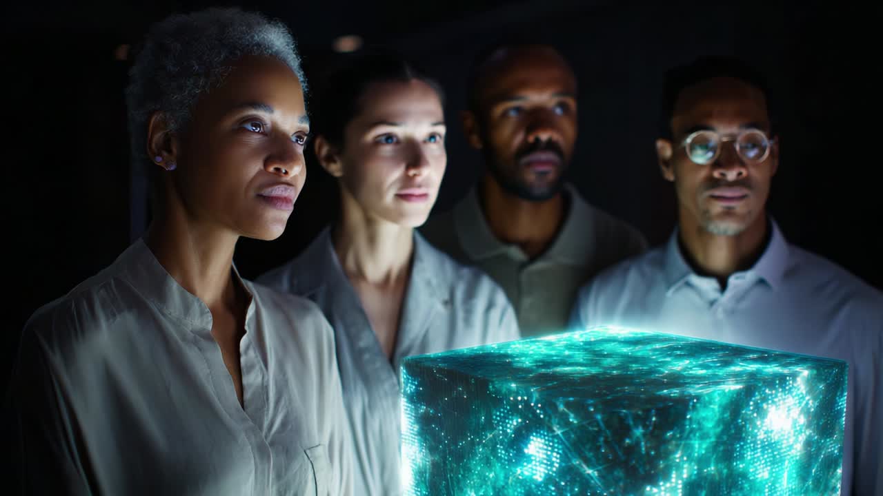 A Group of Four Individuals Engaged in a Moment of Wonder and Curiosity as They Observe a Mysterious Glowing Cube, Reflecting Intrigue and Exploration in a Dimly Lit Environment
