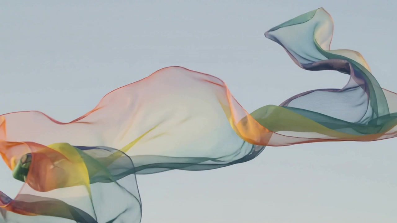 Entering lower-left, sheer multicolored ribbon twisting and looping across pale gradient backdrop