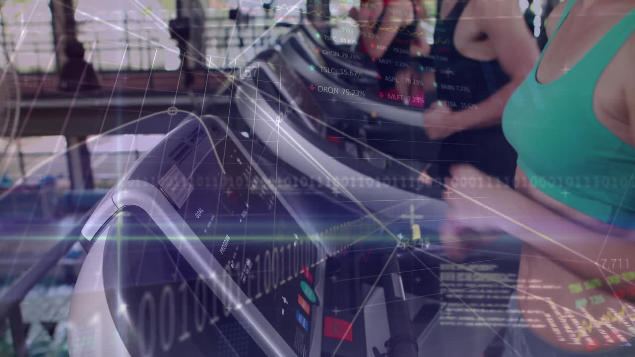 Woman running treadmill in fitness tech scene, with animated charts floating over console