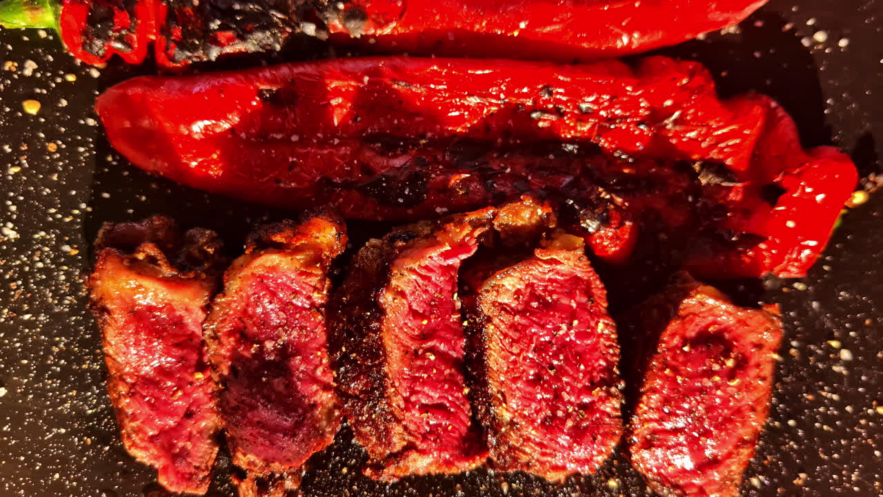 Grilled medium-rare steak slices with roasted red peppers on black cutting board