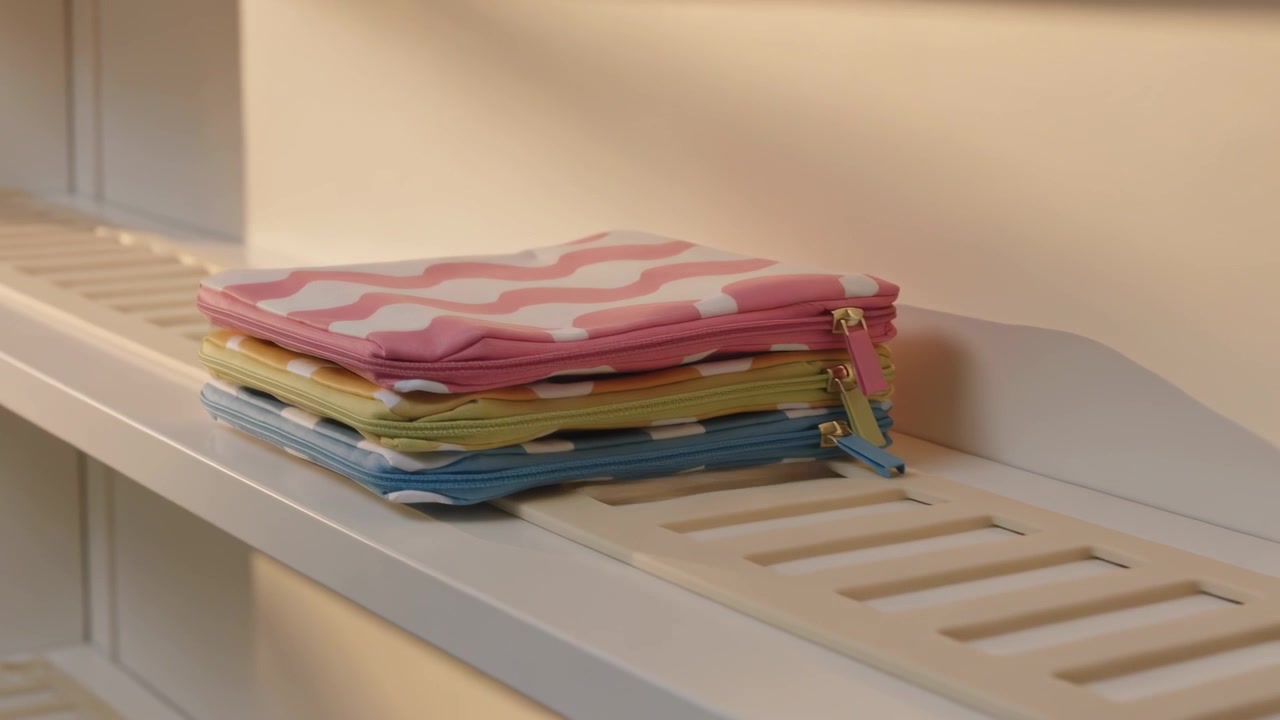 Zooming camera shifting right closer to three zip pouches on slatted shelf, revealing zipper pulls