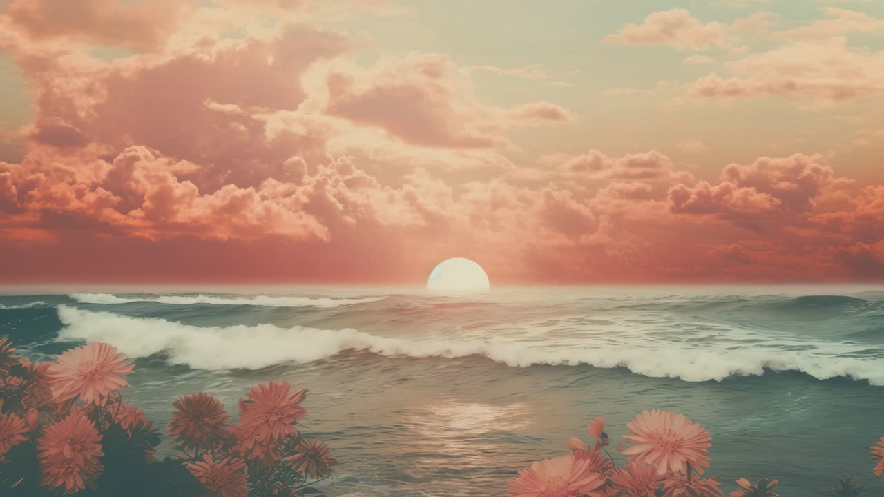 A dreamy sunset over the ocean with pink clouds and flowers in the foreground