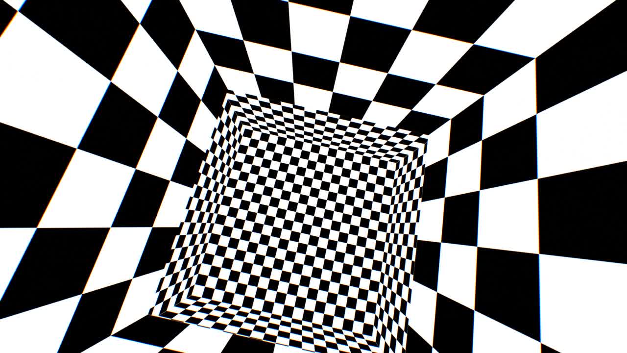 dentro de la ilusión óptica de tablero de ajedrez en blanco y negro 3d habitación sin fin - 4k sin costuras vj bucle de movimiento animación de fondo