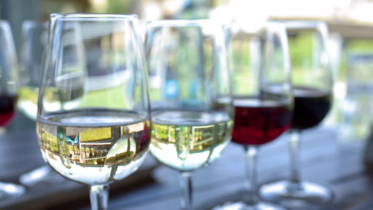 Lenta panoramica orizzontale su una serie di bicchieri di vino rosso e bianco all'aperto