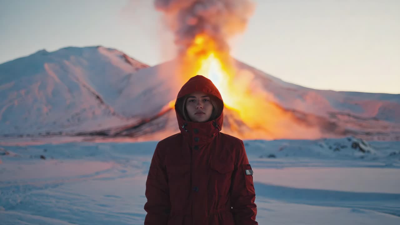Woman in Red Coat Against Erupting Volcano