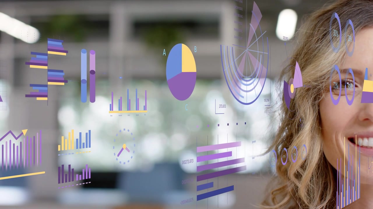 Floating data plane appearing triggers bright charts shifting while woman smiling, showing insights