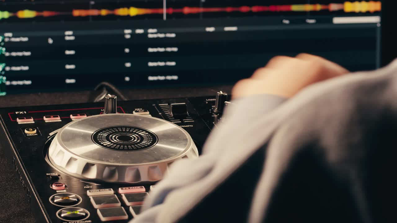 DJ with headphones and sunglasses playing music on festival in night club. Techno musician performing at nightclub for concert crowd of people, city bar.