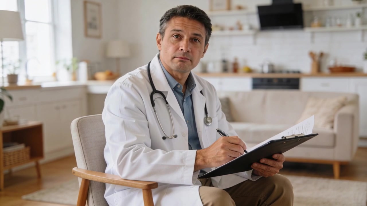 Gravando um médico de jaleco em casa, escrevendo em uma prancheta, virando páginas e olhando para cima para as anotações do paciente.