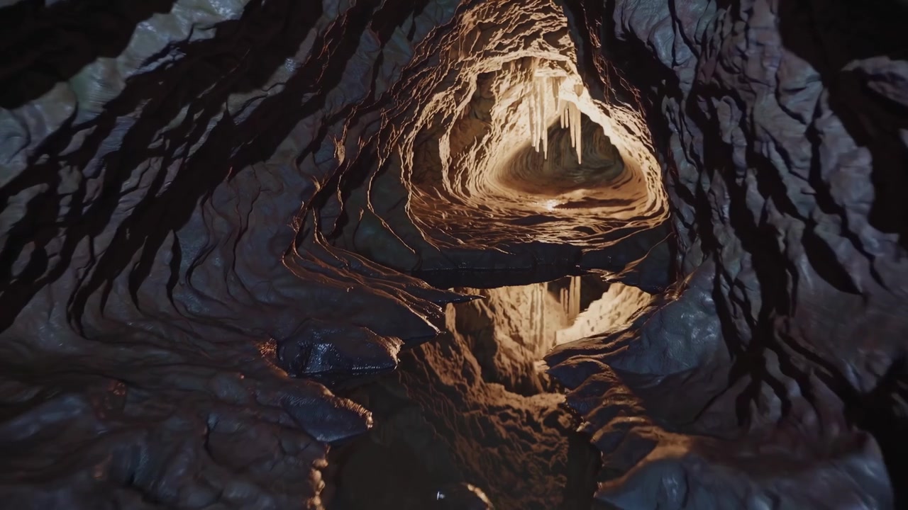 Slow Movement Through a Dark Underground Cave with Water