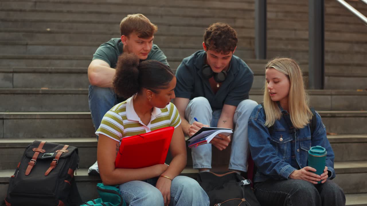 Group of students on stairs talking and studying