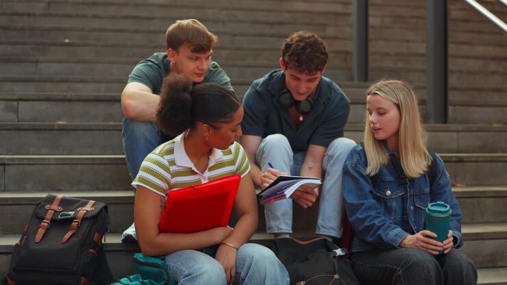 Group of students on stairs talking and studying