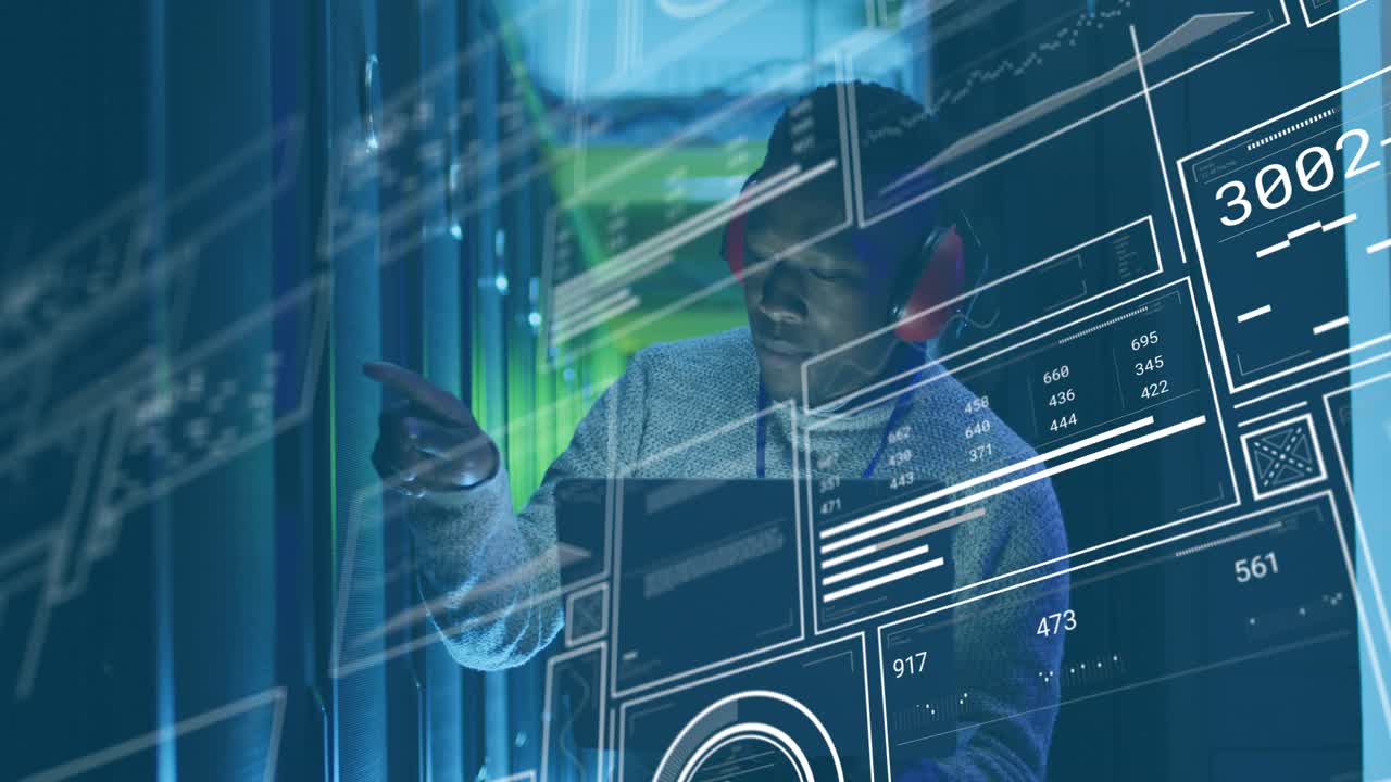 Animation of graphs, loading bars, circles, african american man checking server using laptop
