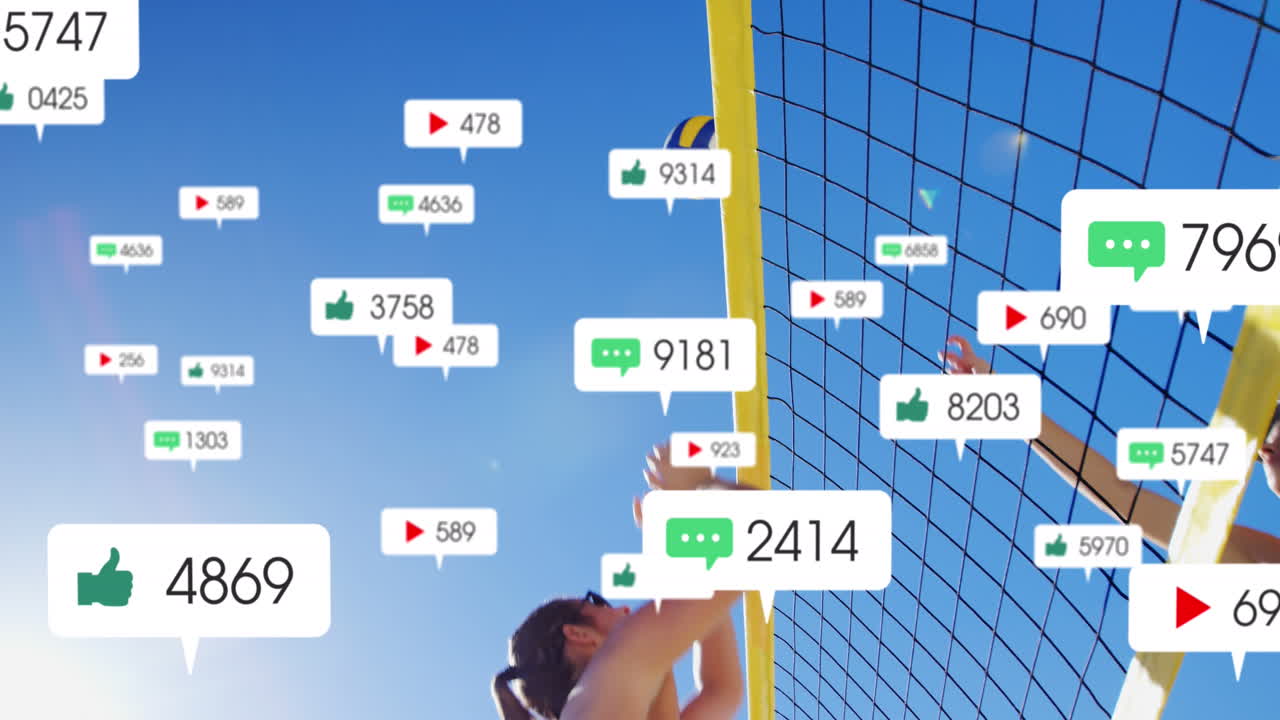 구름이 가득한 하늘을 배경으로 해변에서 배구 경기를 하는 백인 여성에 대한 알림 바의 애니메이션