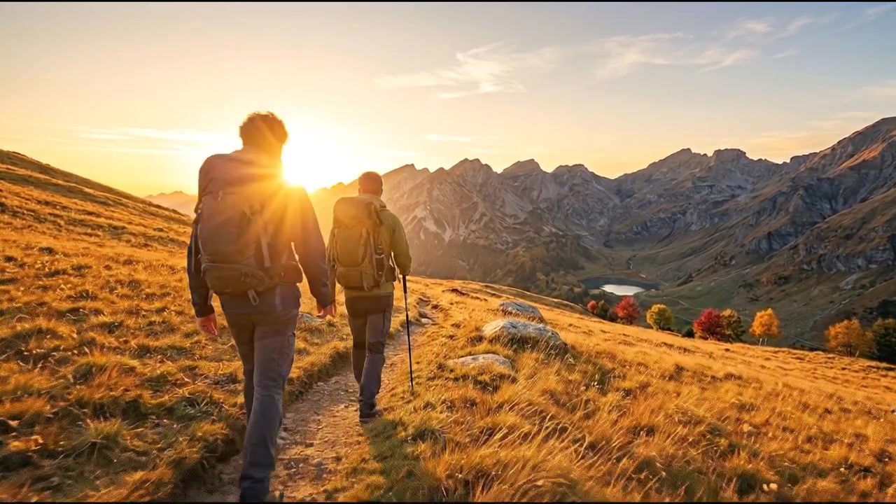 Filmmaterial von Outdoor-Wanderungen und Naturabenteuern mit Menschen, die malerische Berg- und Waldlandschaften erkunden.