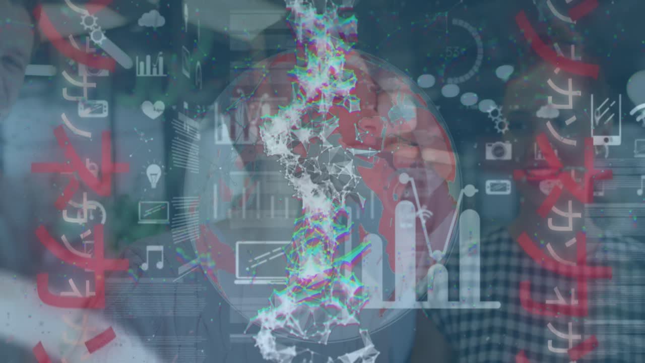 animación del globo y procesamiento de datos financieros sobre personas de negocios que trabajan en la oficina.