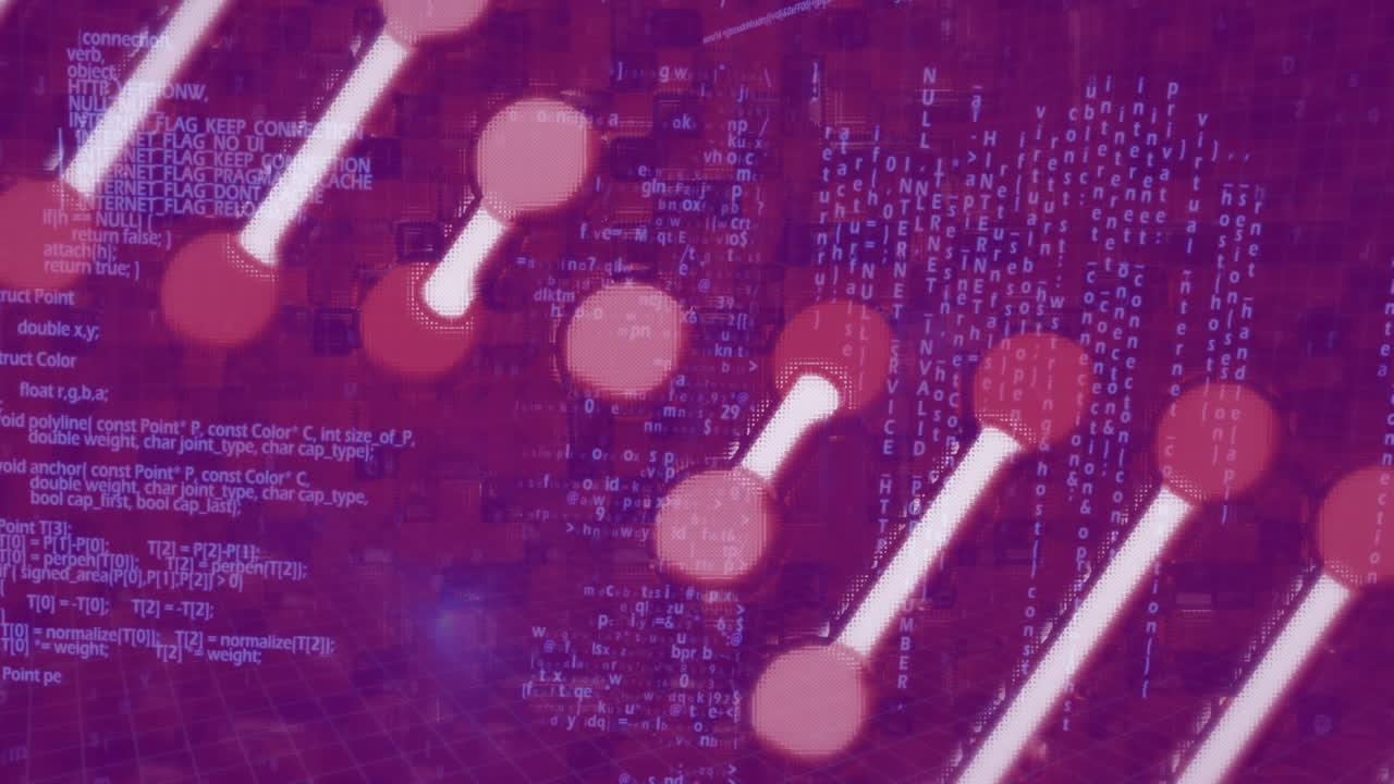 animación del hilado de la cadena de adn y el procesamiento de datos sobre un fondo púrpura