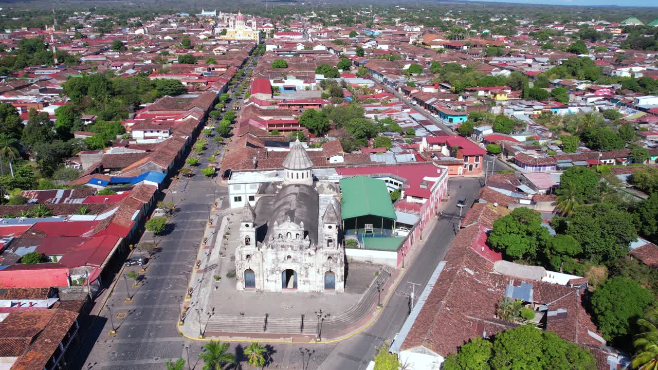 Aerial View of Old Colonial Catholic Church in Granada, Nicaragua, Drone Shot