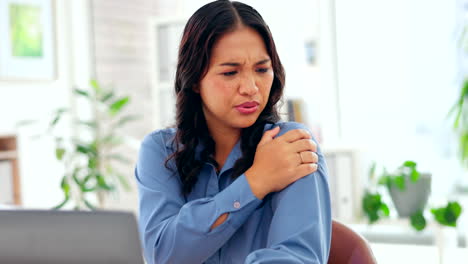 asian woman, laptop and shoulder pain at office