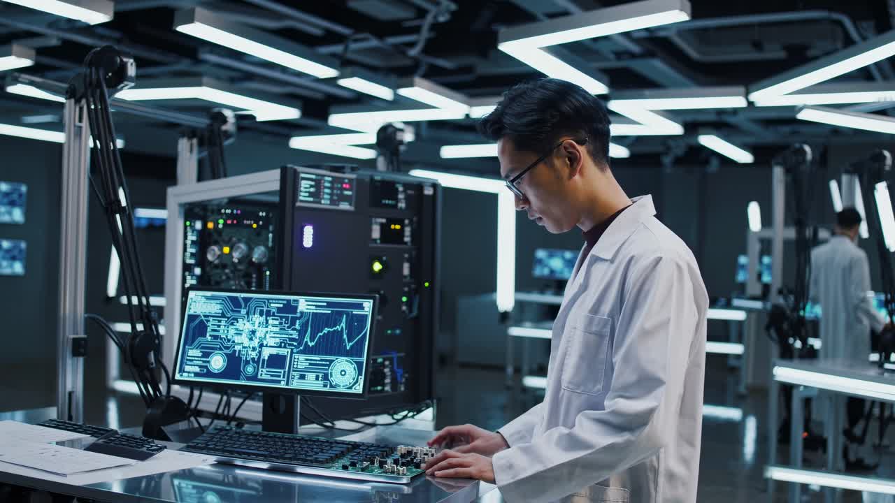 Futuristic lab scene with a side angle view of a scientist at a computer