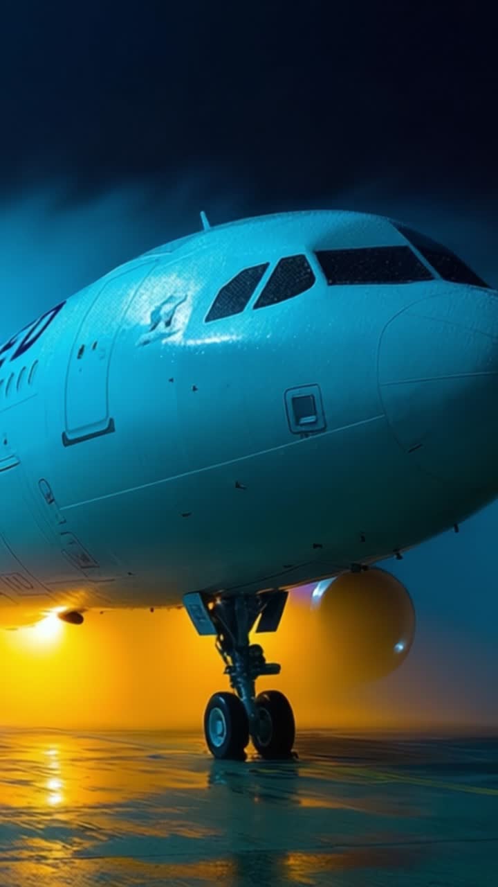 Una vista ravvicinata mozzafiato di un aereo moderno illuminato da un'illuminazione drammatica in un ambiente nebbioso, catturato da diverse angolazioni.