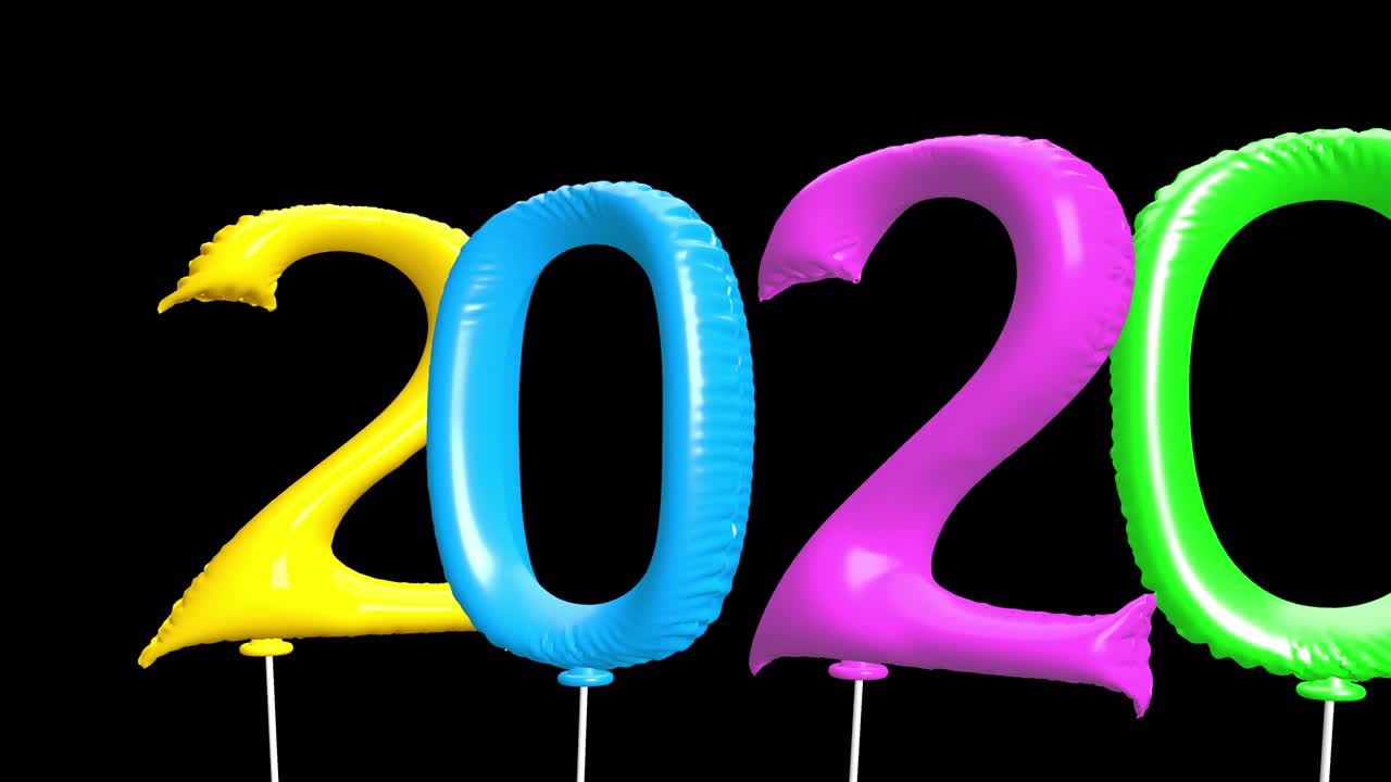 Filmato video di motion graphics per il Capodanno 2020, rendering di animazione del titolo di testo con palloncini colorati