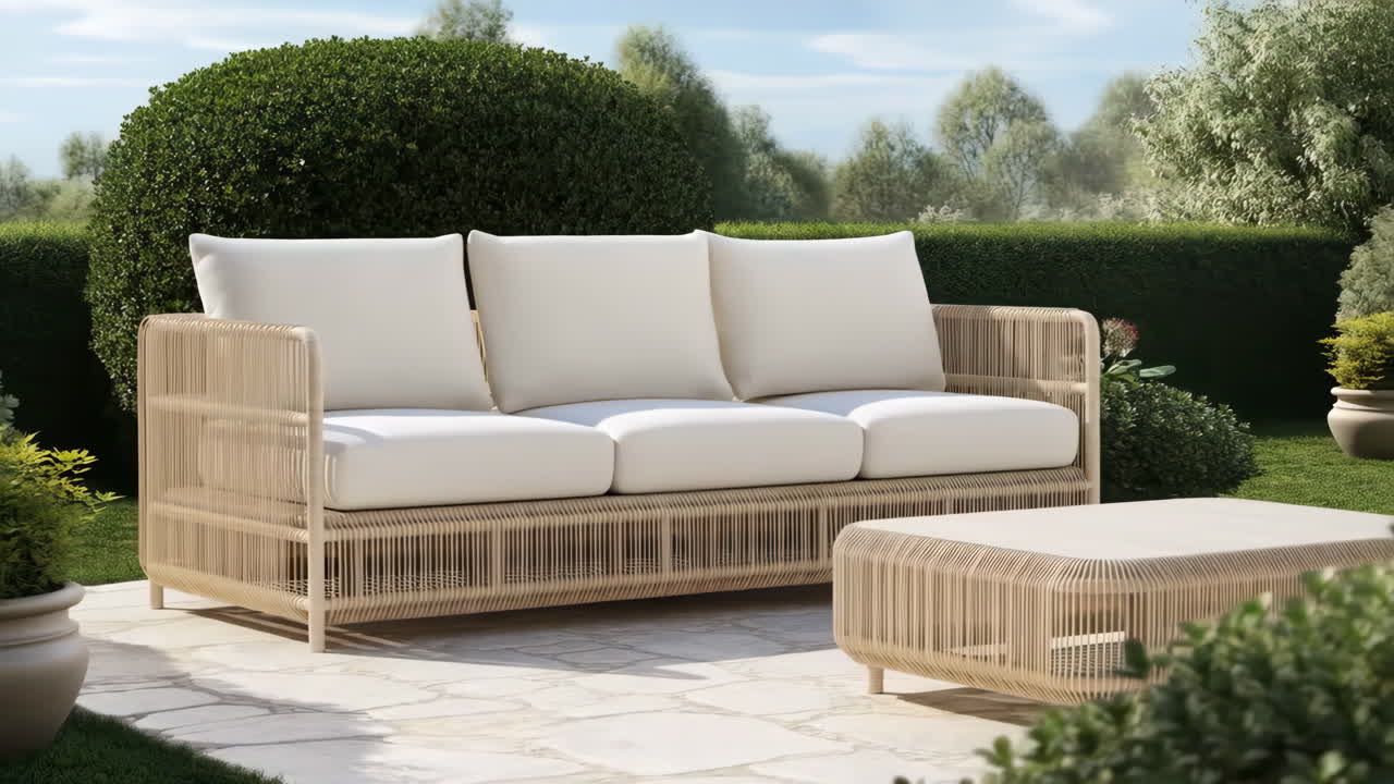 Elegant Outdoor Patio Lounge Area with Sofa and Coffee Table