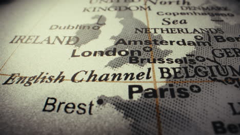 close-up of a world map, focusing on western europe