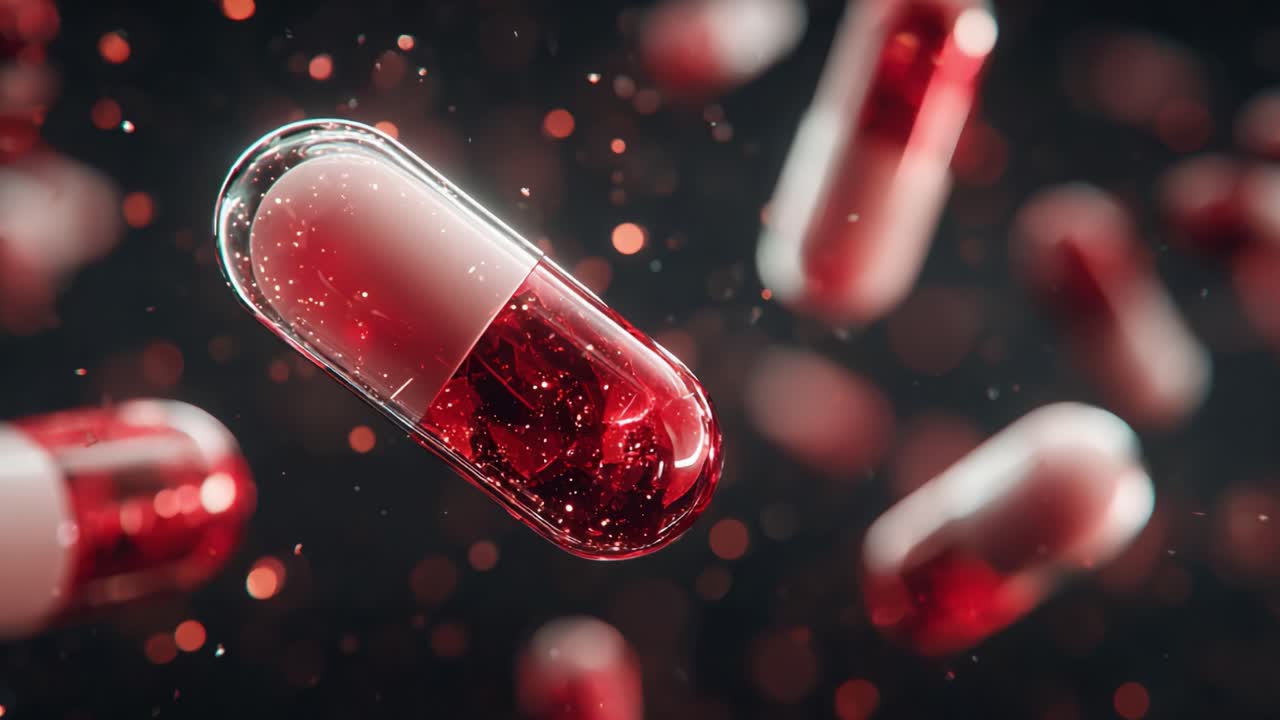 Captivating Overview of Floating Red Gel Capsules in a Dynamic Background with Sparkling Effects and Depth of Field