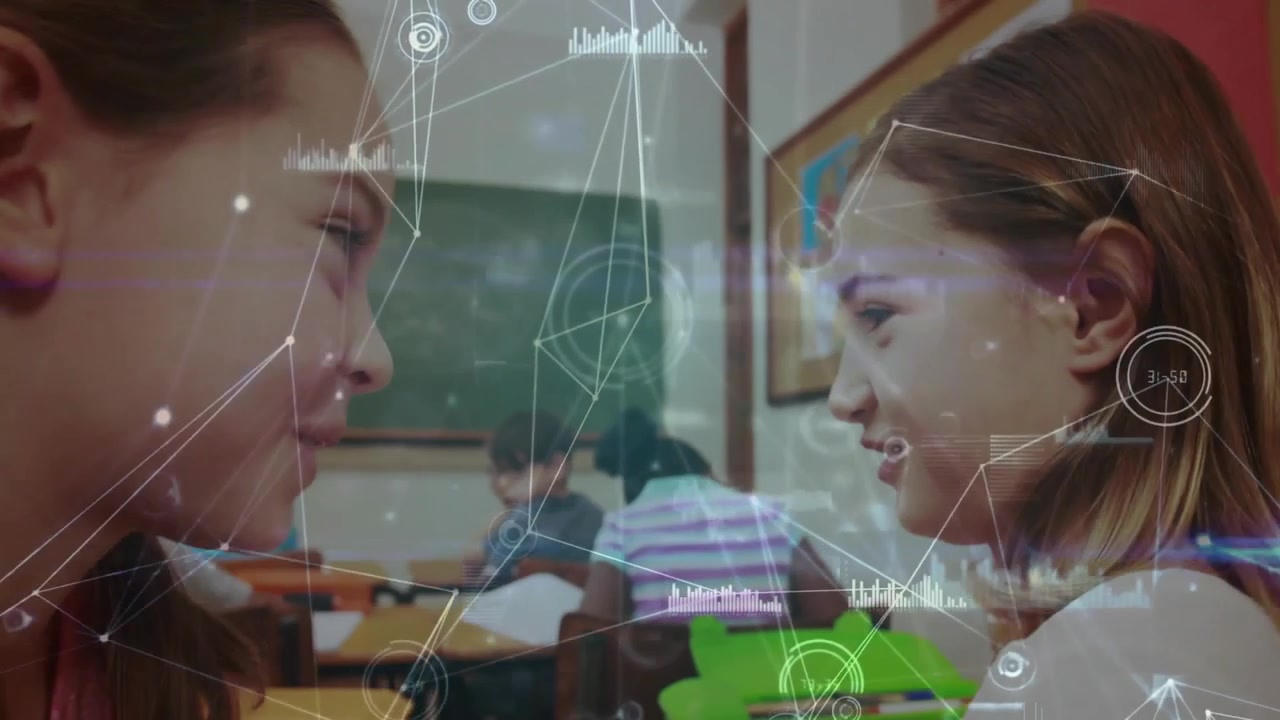 Dark-haired girl leaning in cupping cheek of fair-haired classmate sharing secret amid AR overlays