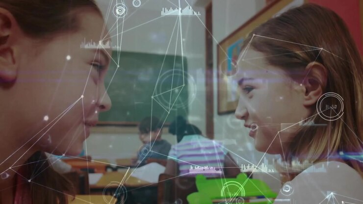 Dark-haired girl leaning in cupping cheek of fair-haired classmate sharing secret amid AR overlays
