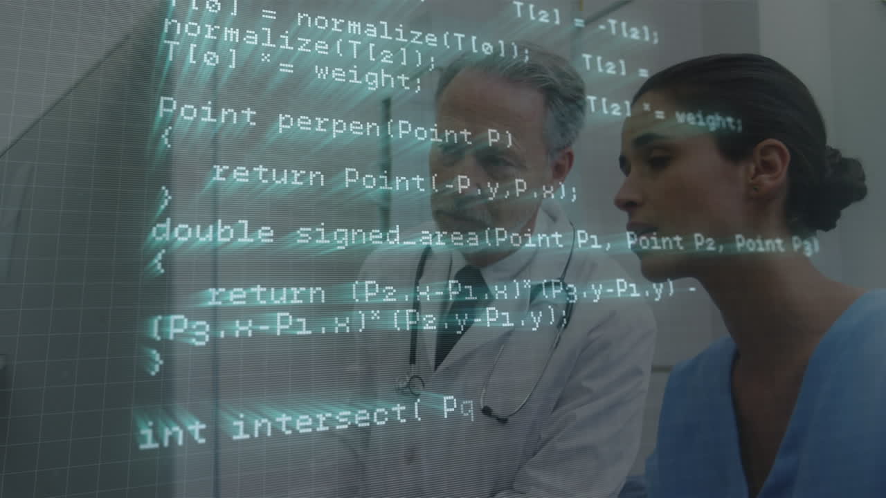 Computer programming language in loop over caucasian doctors discussing reports on computer