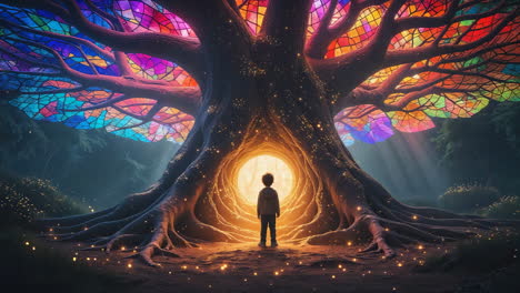 child standing before a magical stained glass tree